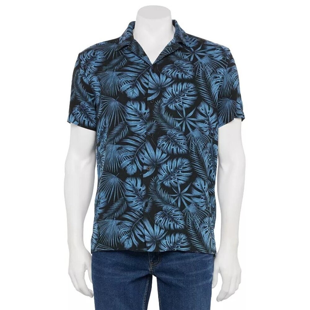 Sonoma Mens Relaxed Blue Tropical Linen Blend Short Sleeve Camp Collar Shirt 2XB